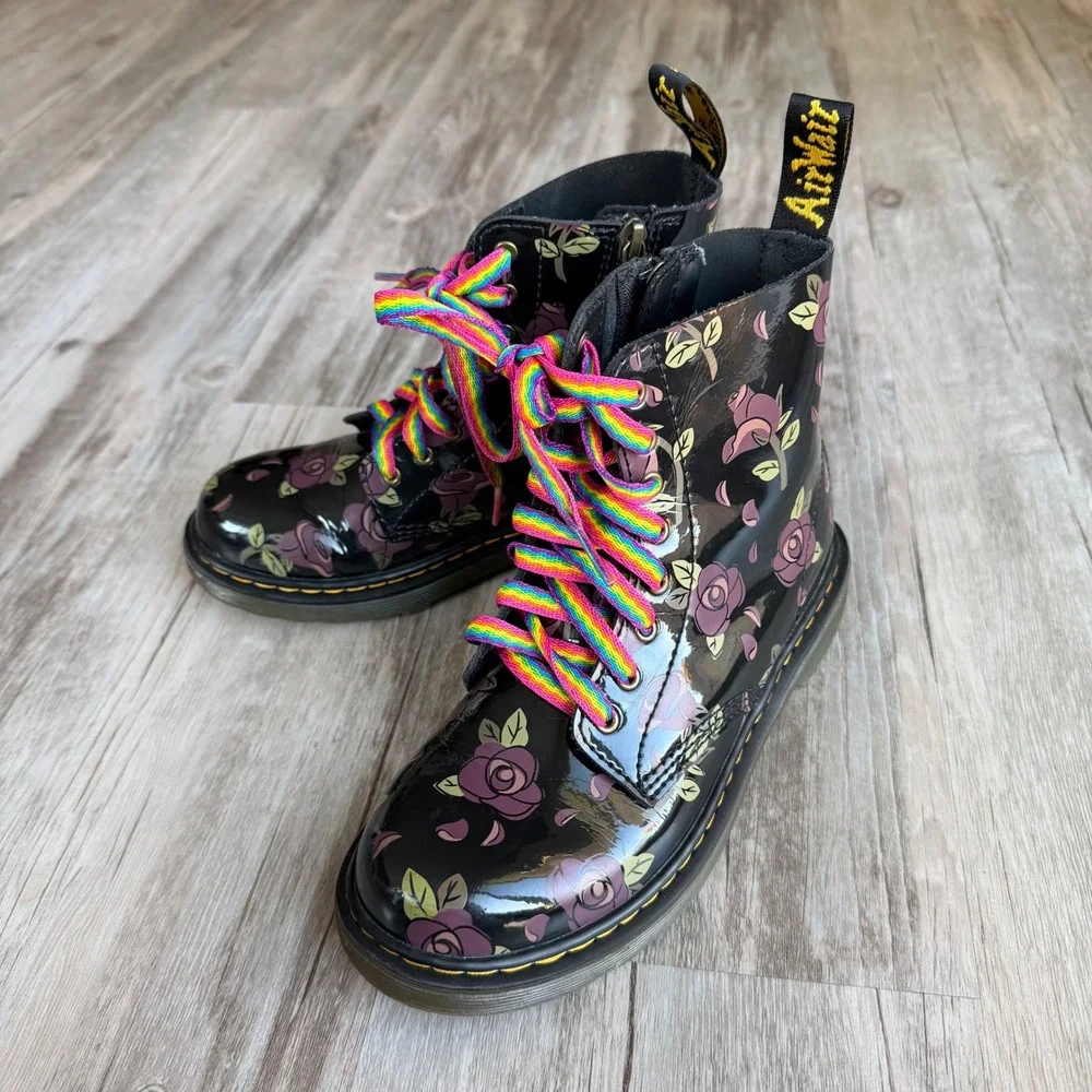Dr. Martens 1460 J Floral Doodle Patent Leather Boots Black Pink Girl's Size 3
